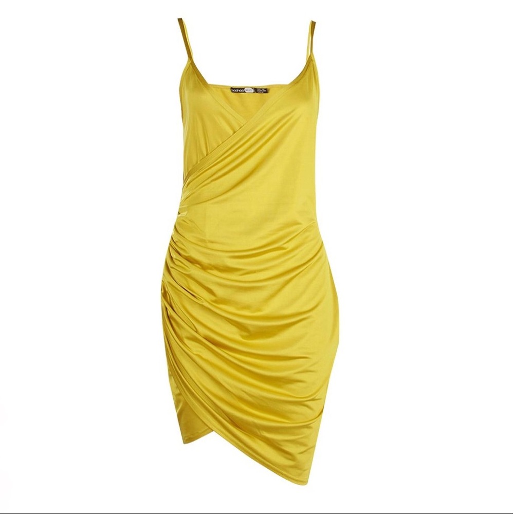 boohoo Slinky Wrap Drape Dress Golden Yellow